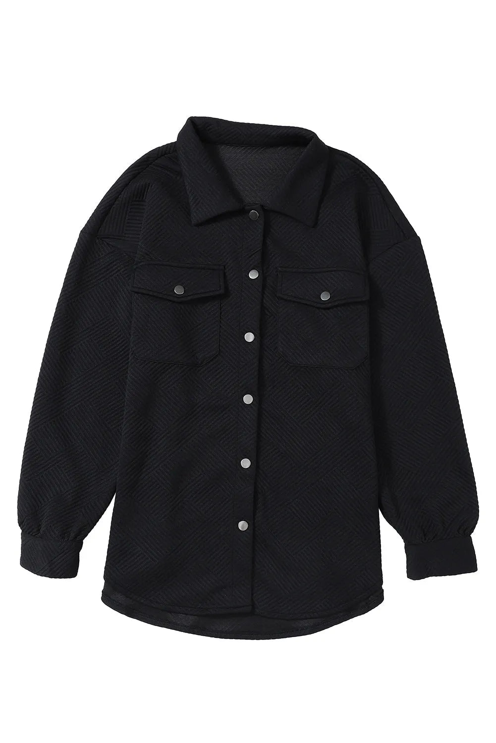 Black Solid Textured Flap Pocket Buttoned Shacket - Chic Meadow Boutique 