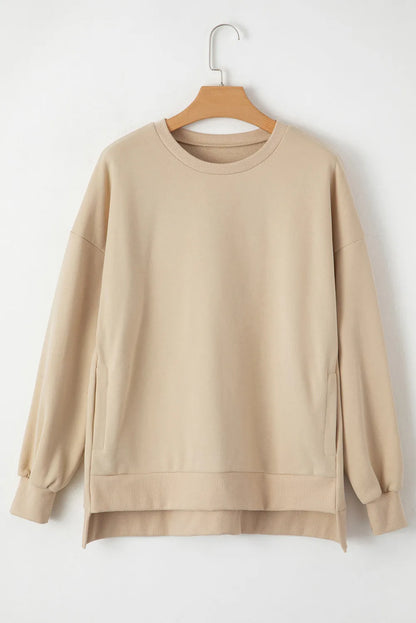 Apricot Solid Fleece Lined Drop Shoulder High Low Sweatshirt - Chic Meadow Boutique 