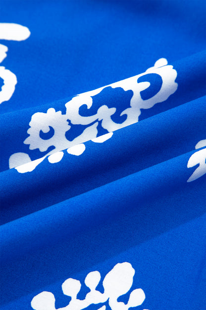 Blue Ethnic Geometric Print Collared Button Front Short Puff Sleeve Mini Dress