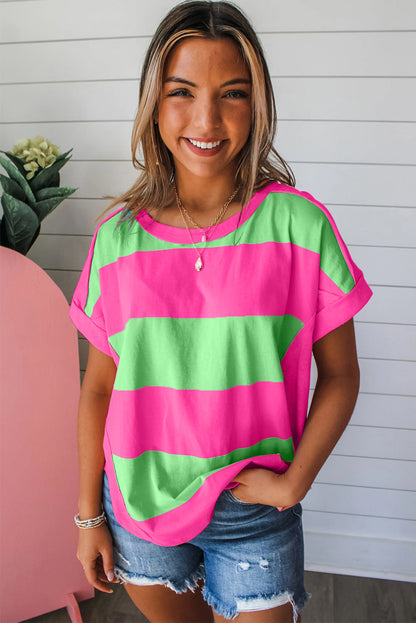 Green Colorblock Rounded Hem Loose T Shirt