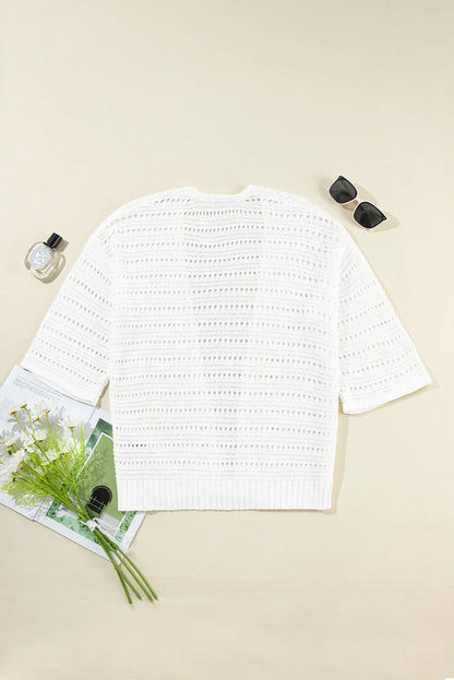 White Pointelle Knit Bracelet Sleeve Open Cardigan - Chic Meadow Boutique 