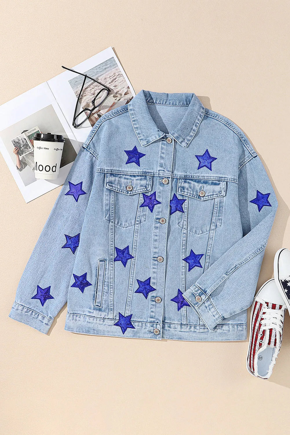 Bluing Sequin Star Flap Pocket Denim Jacket - Chic Meadow Boutique 