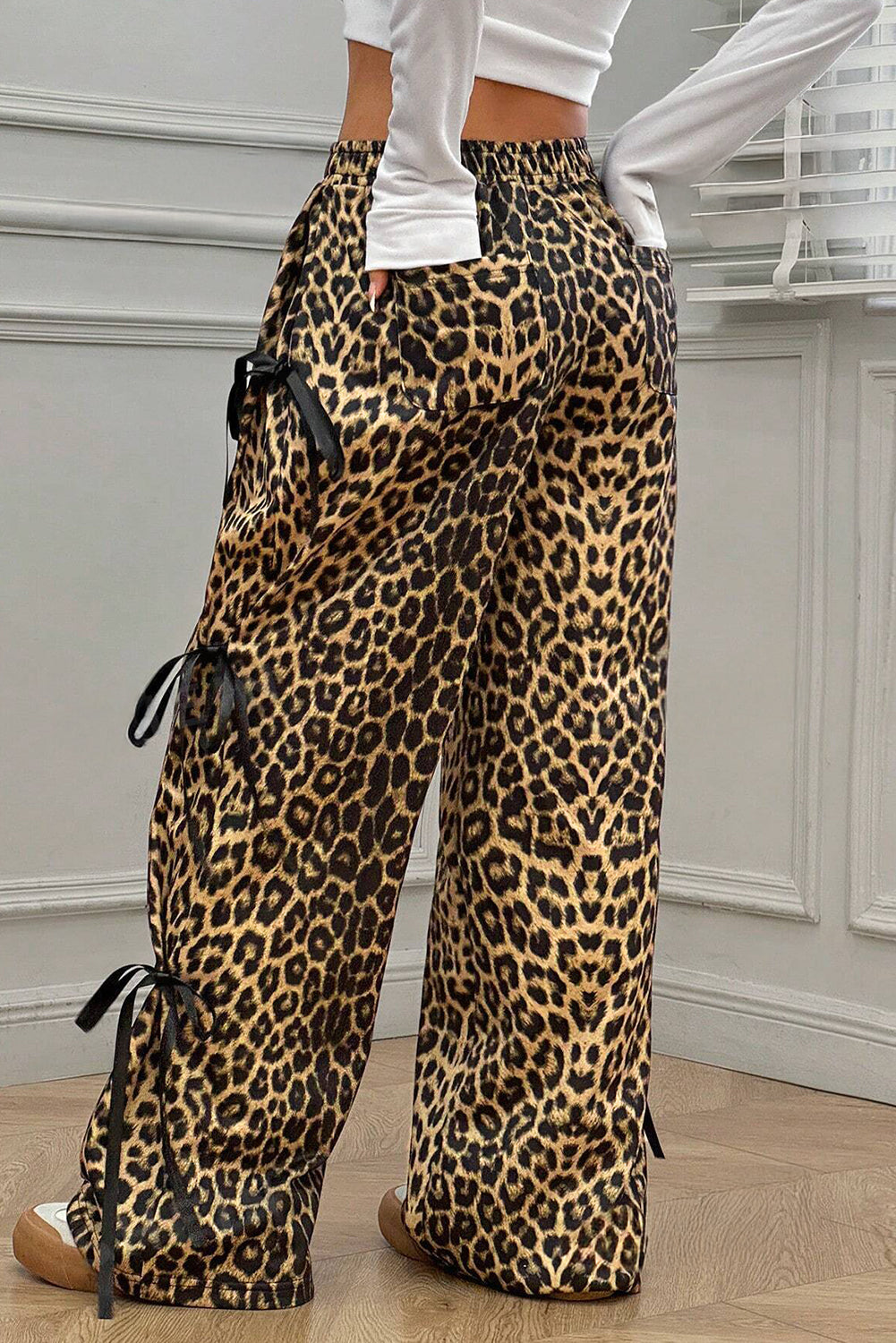 Brown Leopard Print Bow Tie Drawstring Elastic Waist Loose High Waist Pants