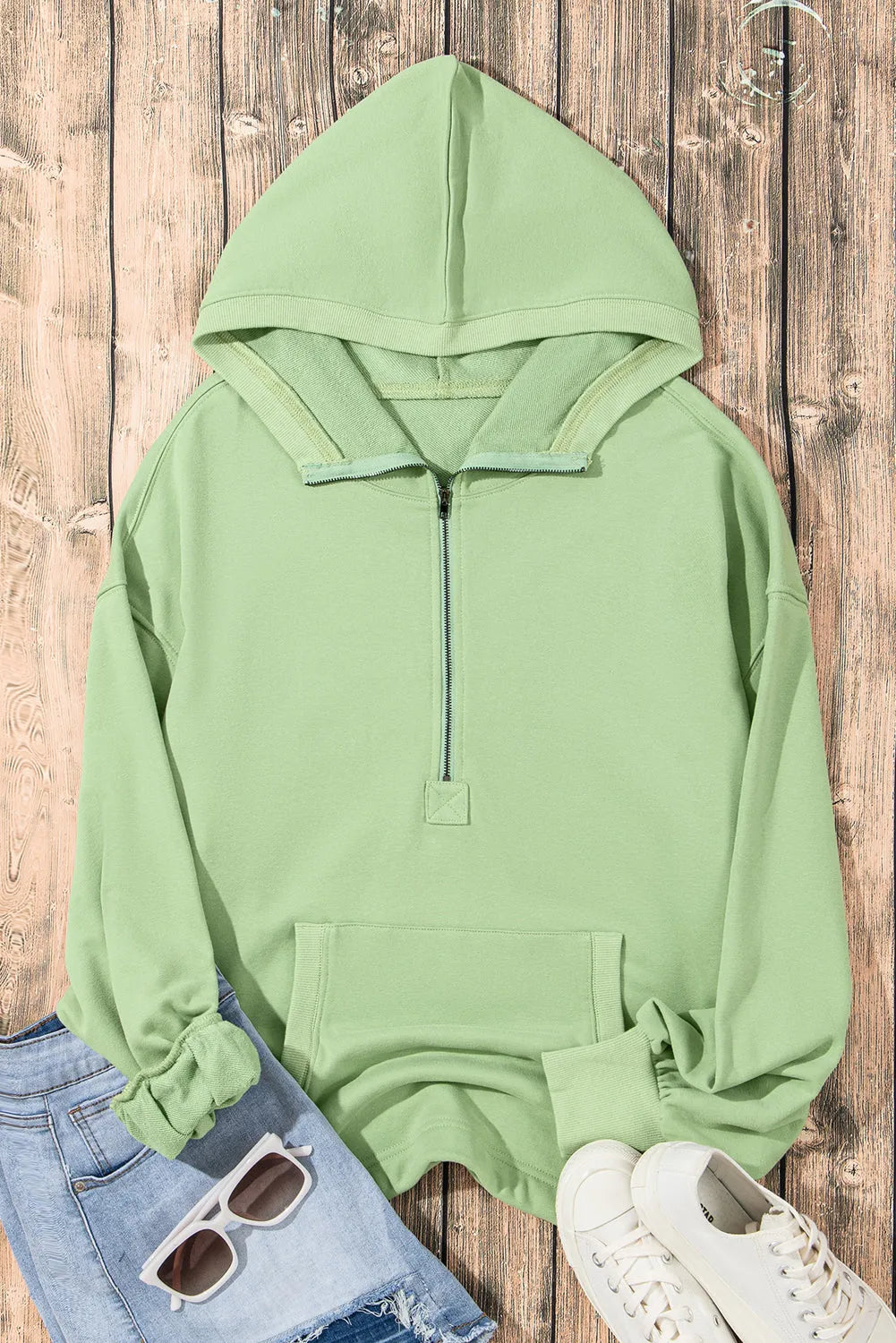 Smoke Green Solid Kangaroo Pocket Half Zipper Oversized Hoodie - Chic Meadow Boutique 