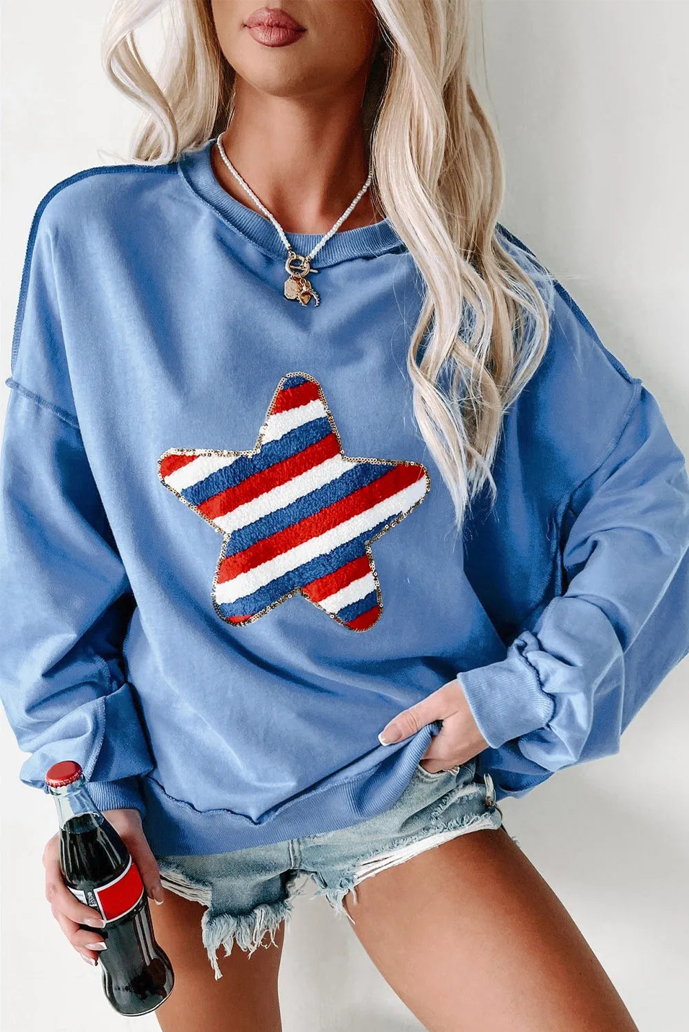 Sky Blue Sequin Trim Embroidered Star USA Pattern Sweatshirt - Chic Meadow Boutique 