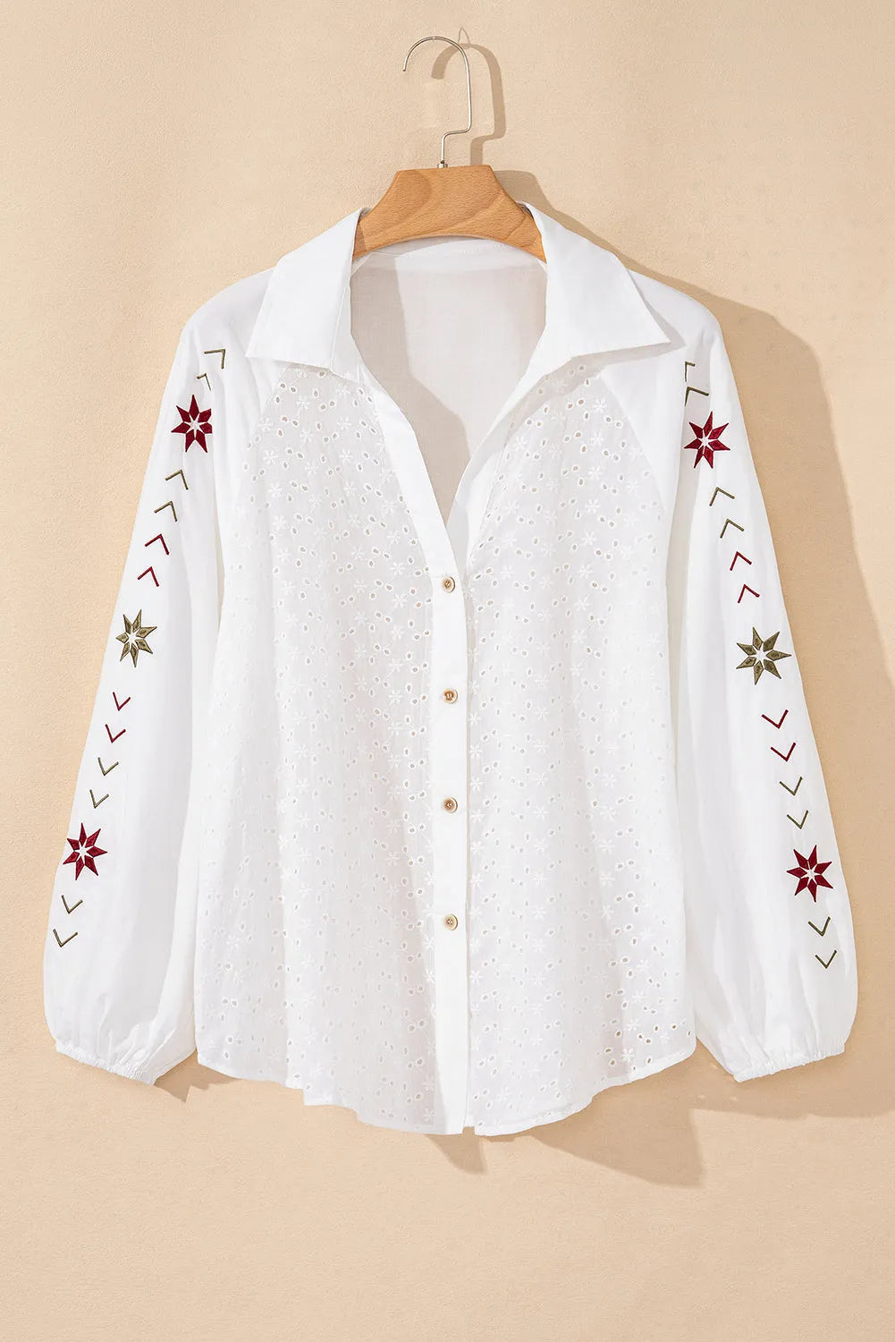 White Floral Embroidered Puff Sleeve Eyelet Patchwork Shirt - Chic Meadow Boutique 