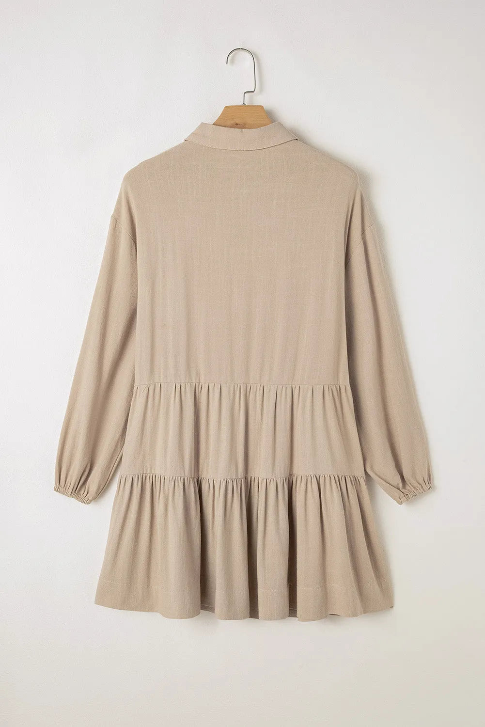 Tan Puff Sleeve Buttoned Tiered Pleated Shirt Mini Dress - Chic Meadow Boutique 