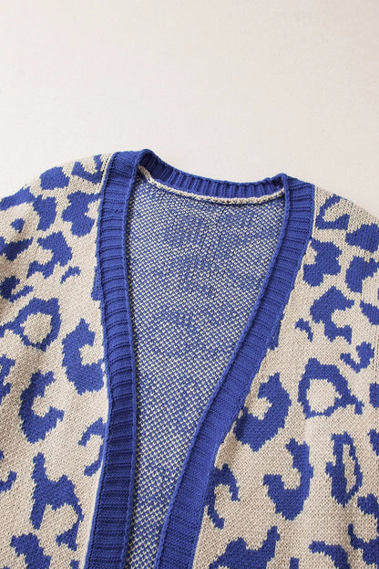 Dark Blue Stripe Sleeve Leopard Print Open Front Cardigan With Pockets - Chic Meadow Boutique 