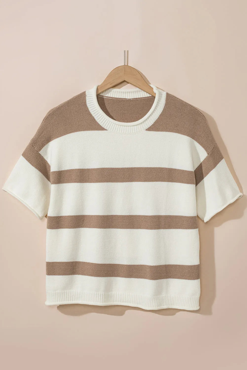 Tops/Short Sleeve Sweaters Khaki Stripe Dropped Short Sleeve Lightweight Knitted Top