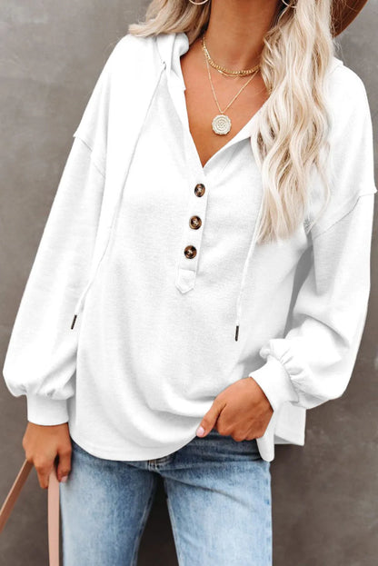 White Buttoned High and Low Hem Hoodie - Chic Meadow Boutique 