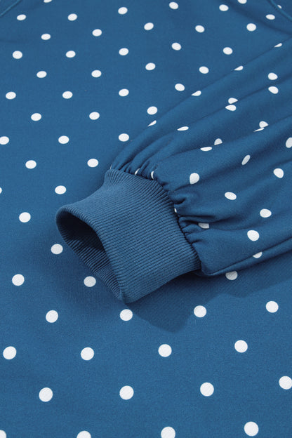 Blue Polka Dot Print Metal Button Collar Casual Pullover Sweatshirt