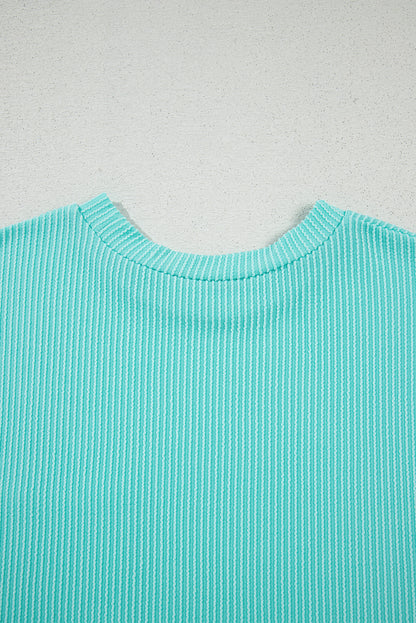 Light Blue Corded Knit Color Block Pocketed Crew Neck T Shirt