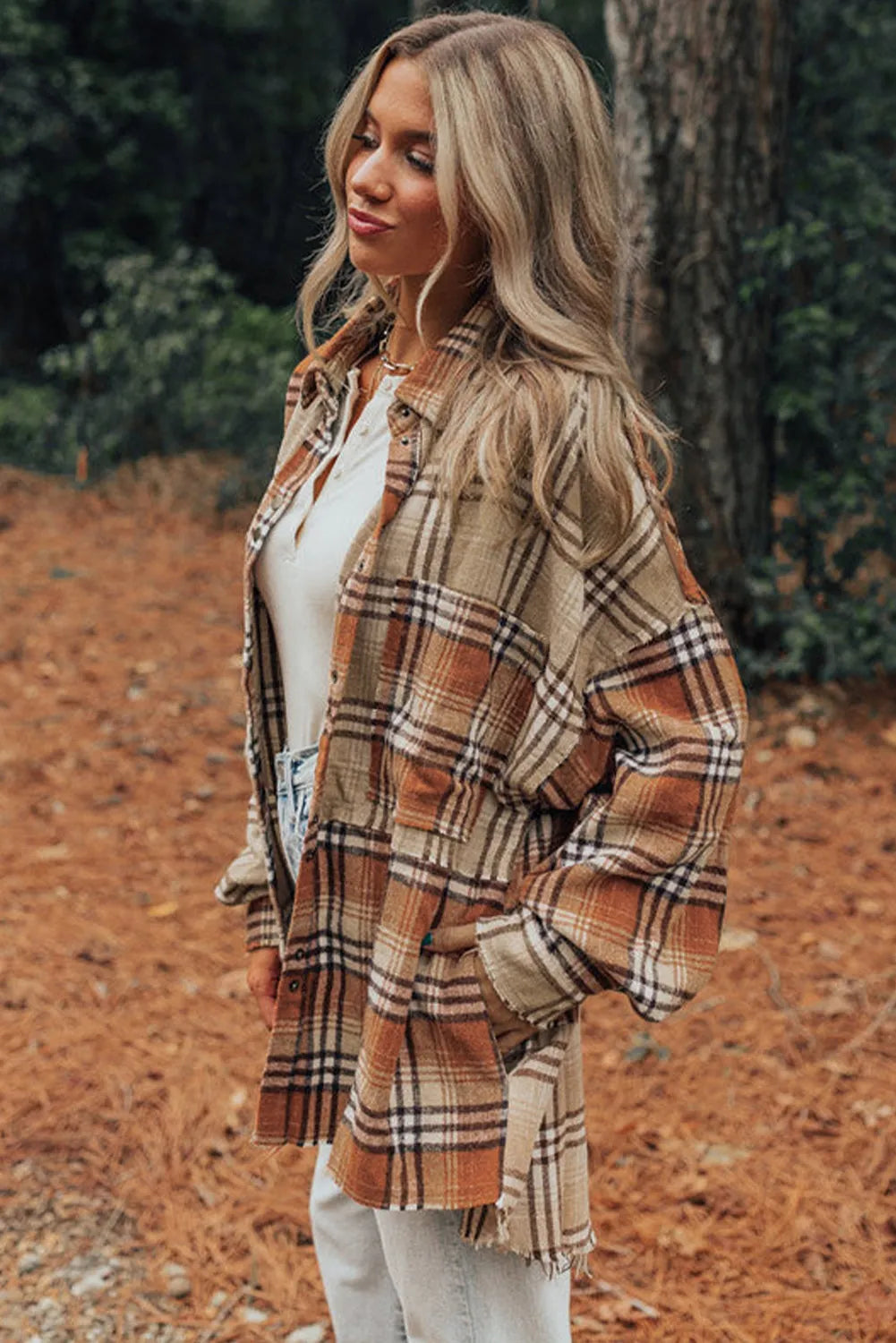 Khaki Plaid Colorblock Patchwork High Low Shacket - Chic Meadow Boutique 