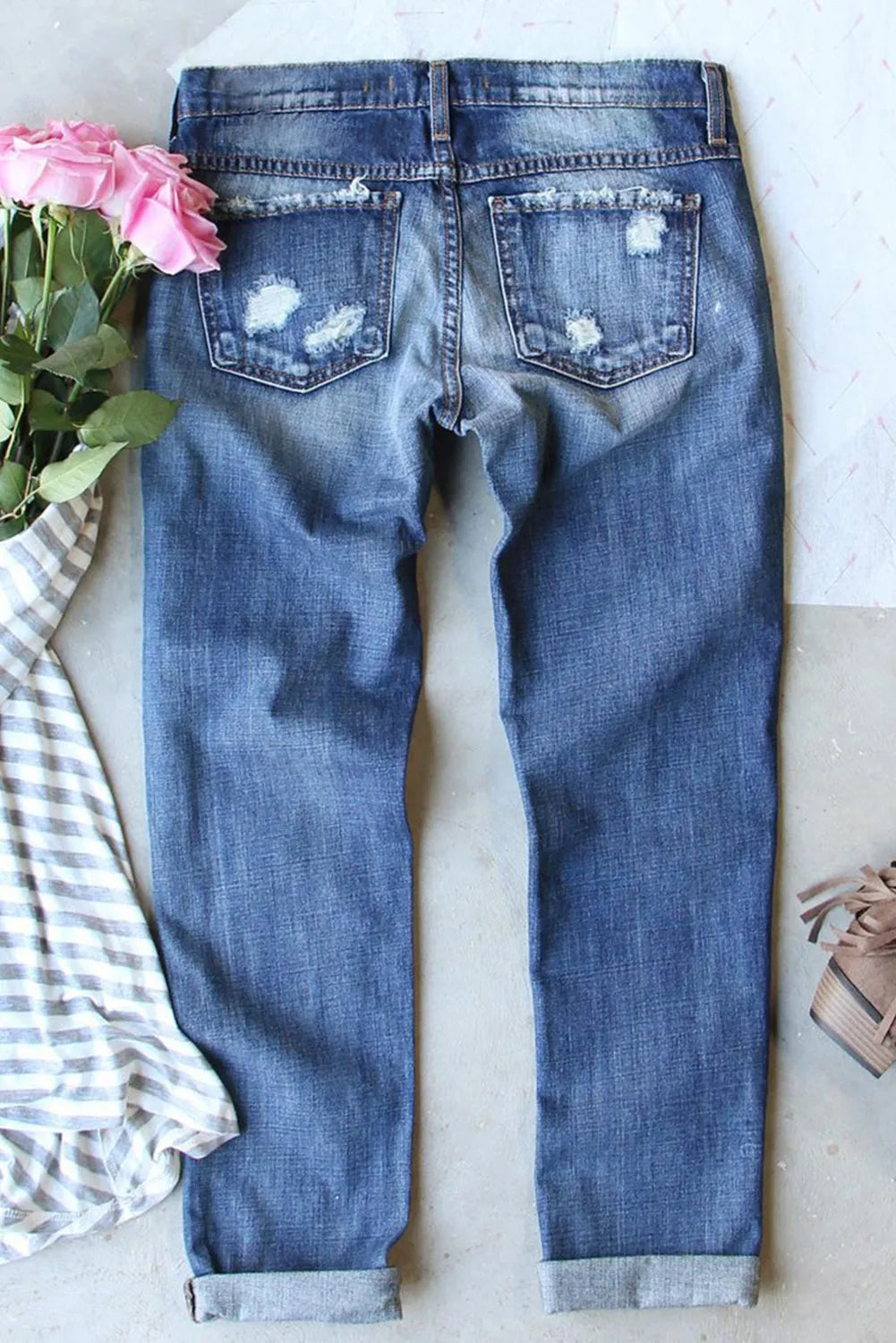 Sky Blue Sequin Pumpkin Patched Distressed Straight Leg Jeans - Chic Meadow Boutique 