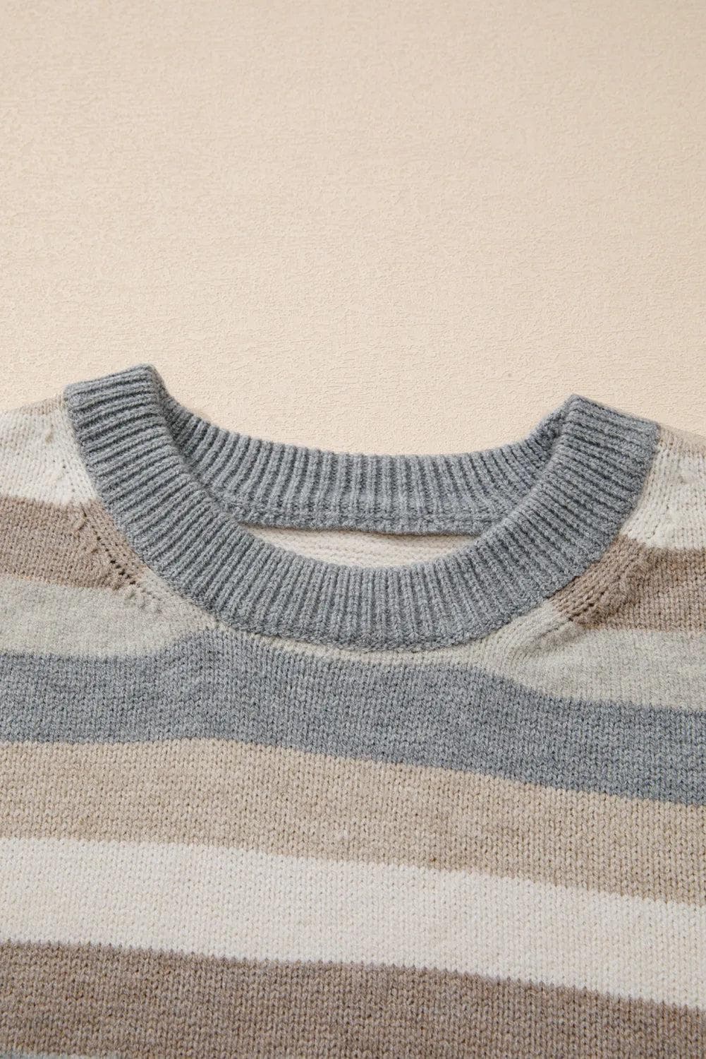 Sweaters & Cardigans/Sweaters Gray Stripe Color Block Ribbed Edge Round Neck Sweater