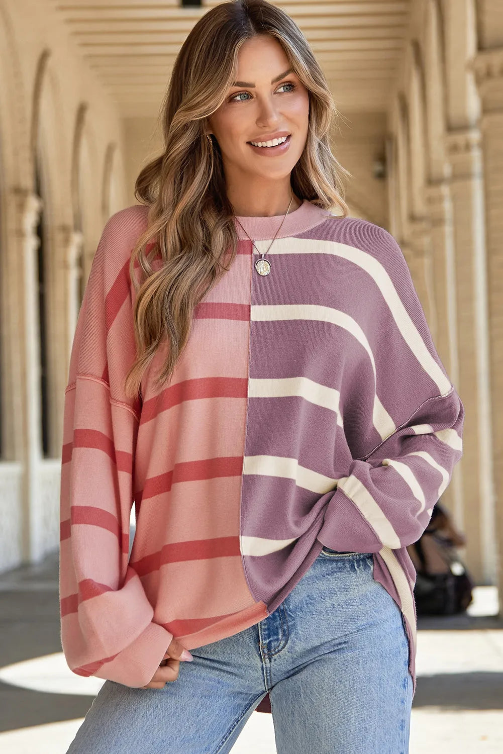 Pink Stripe Colorblock Oversized Sweater - Chic Meadow Boutique 