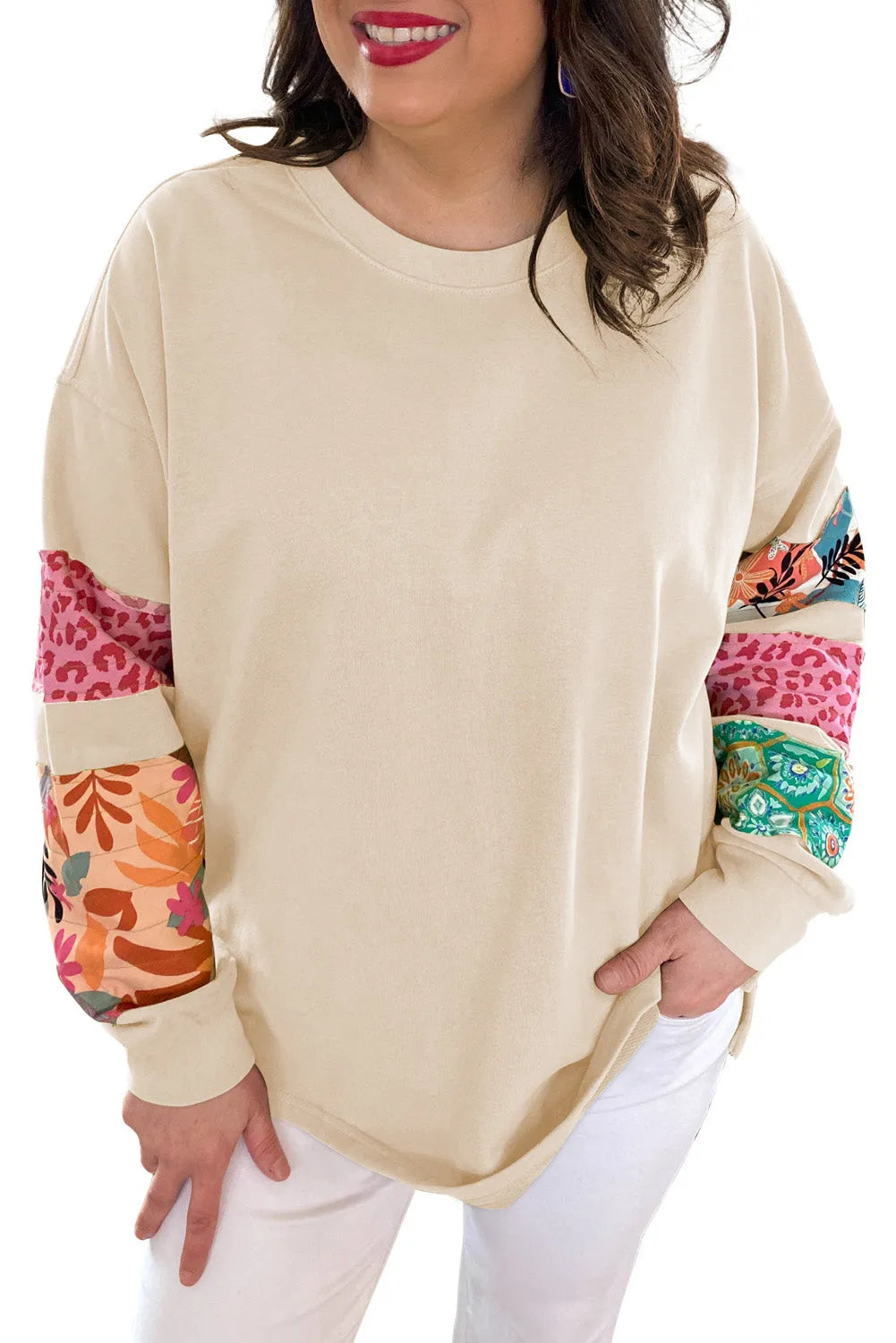 Beige Plus Size Printed Patchwork Sleeve Split Sweatshirt - Chic Meadow Boutique 