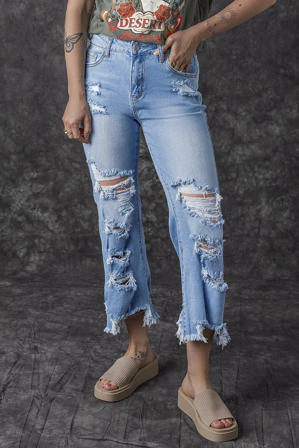 Sky Blue Heavy Destroyed High Waist Jeans - Chic Meadow Boutique 