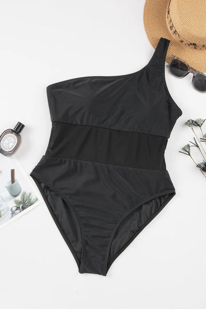 Black Single Shoulder Mesh Patchwork One-piece Swimwear - Chic Meadow Boutique 