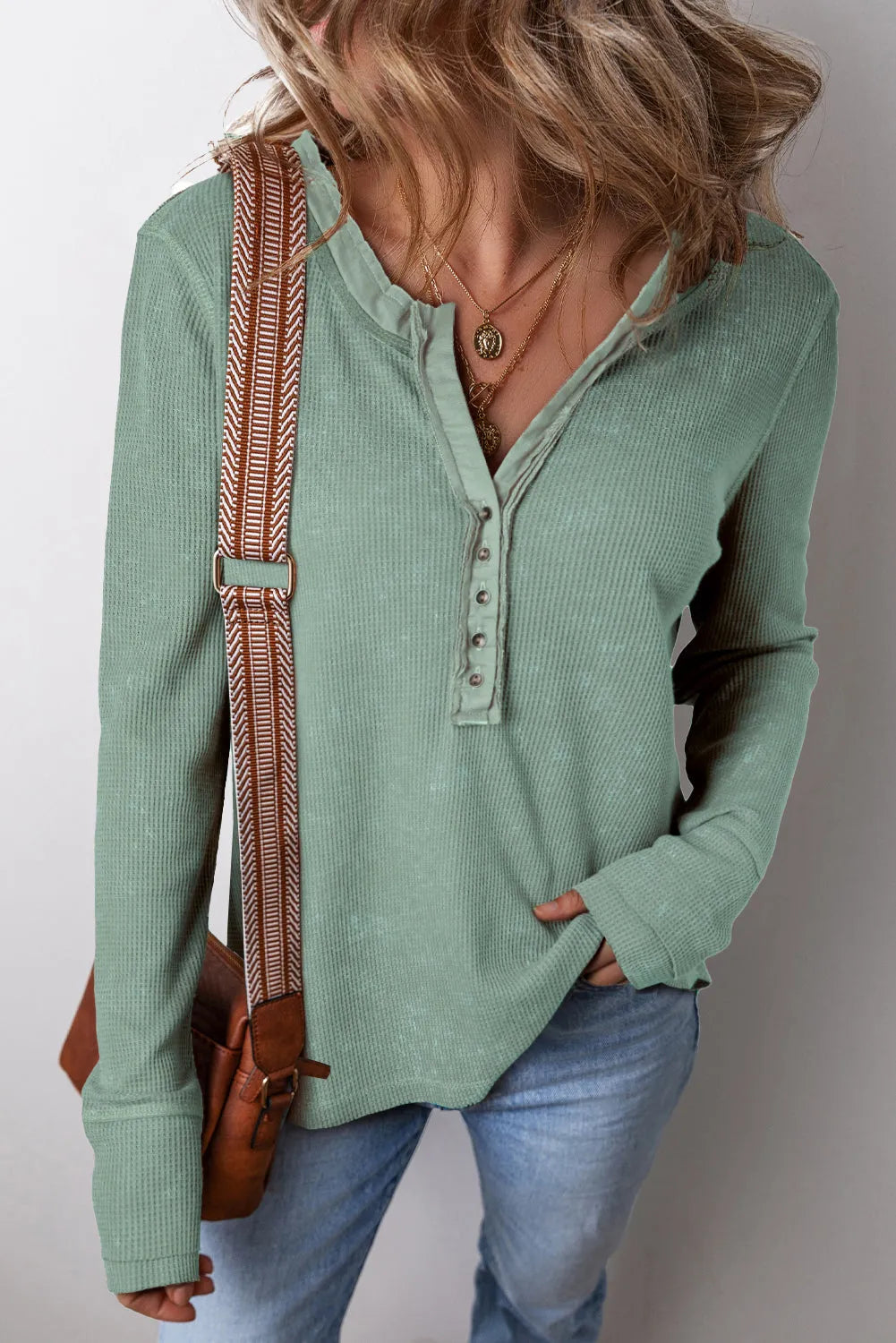 Smoke Green Acid Wash Waffle Knit Buttoned Neckline Long Sleeve Top - Chic Meadow Boutique 