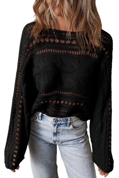 Black Hollow-out Cable Knit Cropped Sweater - Chic Meadow Boutique 