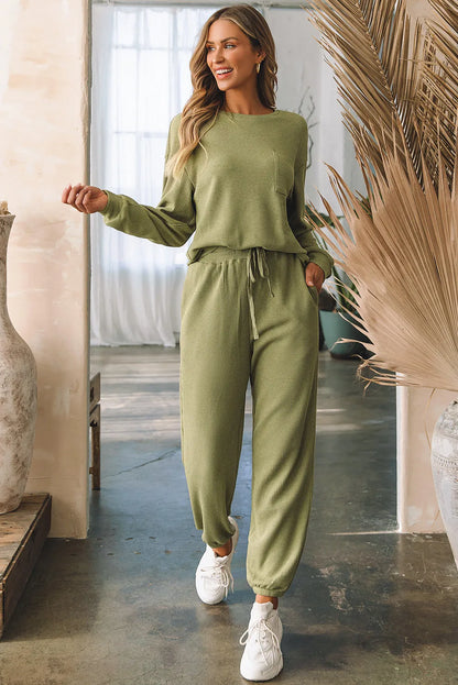 Laurel Green Waffle Knit Long Sleeve Top Drawstring Joggers Set - Chic Meadow Boutique 