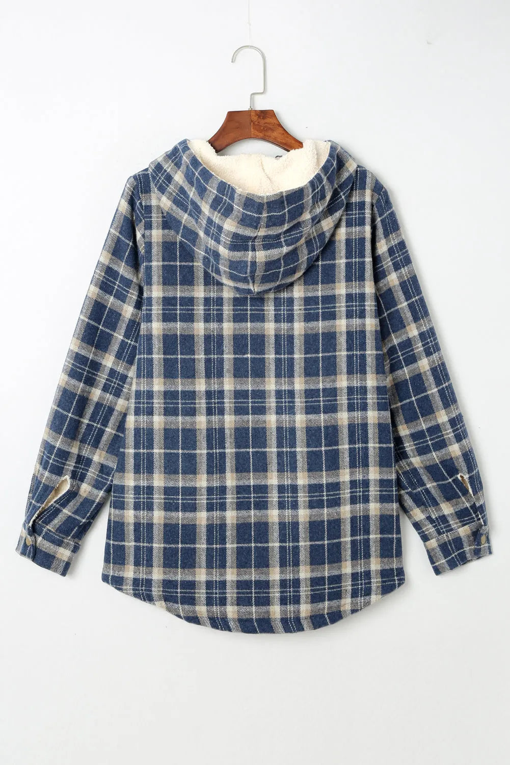 Blue Plaid Pattern Sherpa Lined Hooded Shacket - Chic Meadow Boutique 