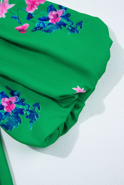 Green Floral Detail Tie Split Neck Short Sleeve Blouse