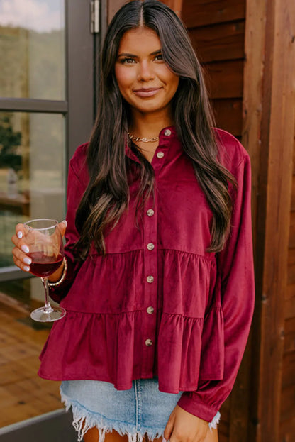 Burgundy Corduroy Ruffle Tiered Buttoned O Neck Shirt - Chic Meadow Boutique 