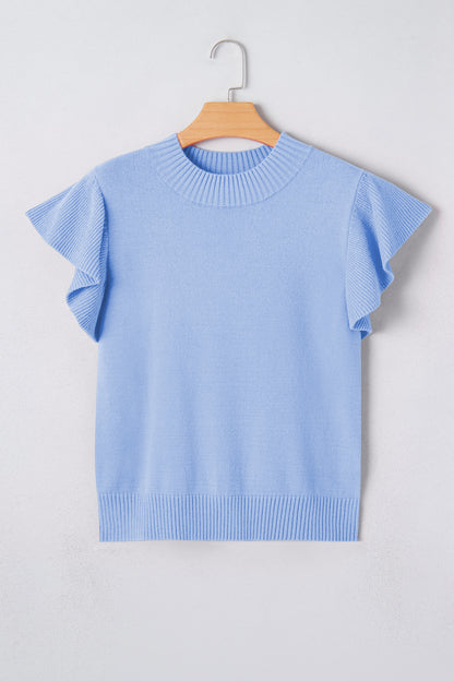 Beau Blue Solid Color Ribbed Trim Round Neck Ruffle Short Sleeve Sweater