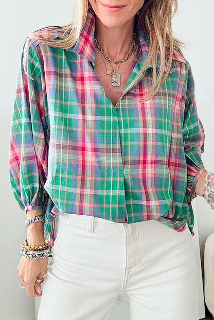 Green Checkered 3/4 Sleeve Collared Loose Fit Shirt - Chic Meadow Boutique 