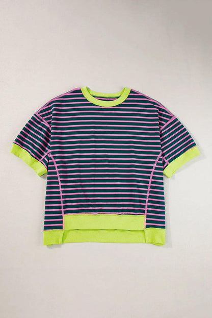 Tops/Tops & Tees Green Contrast Trim Exposed Seam High Low Stripe T Shirt