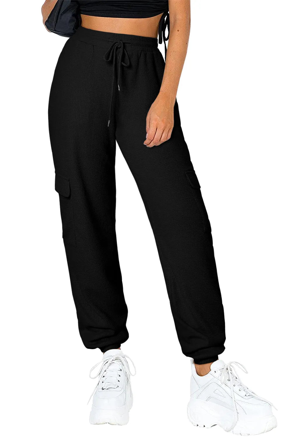 Black Waffle Texture Cargo Pocket Jogger Pants - Chic Meadow Boutique 