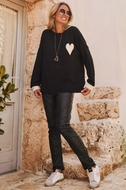 Black Heart Detail Contrast Cuffs Baggy Sweater