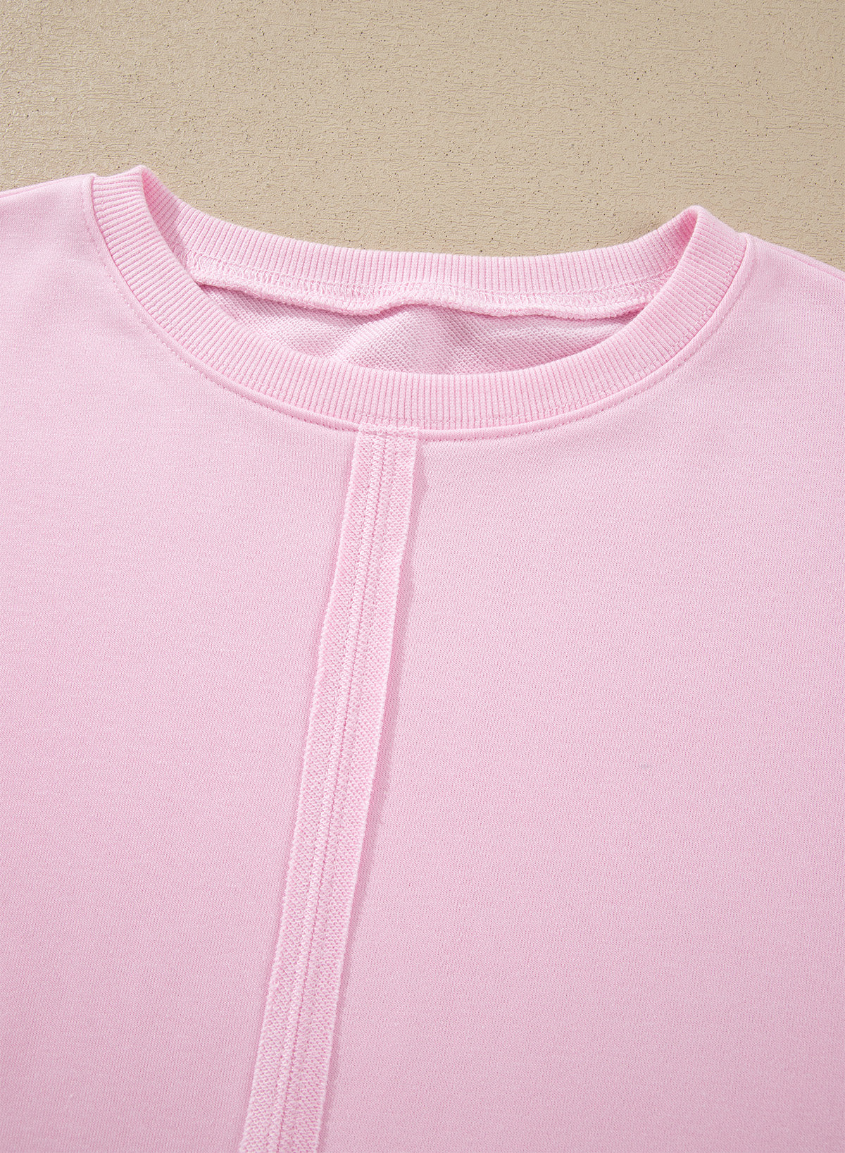 Pink Solid Color Raw Seam Lace Detail Loose Casual Sweatshirt