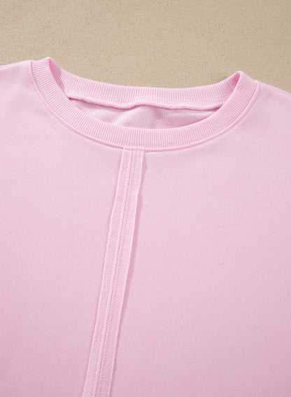 Pink Solid Color Raw Seam Lace Detail Loose Casual Sweatshirt