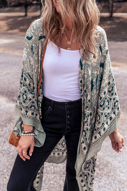 Green Vintage Floral Print Long Split Open Front Kimono - Chic Meadow Boutique 