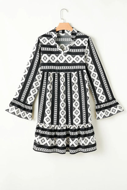 Black Boho Geometric Printed Flared Long Sleeve Mini Dress - Chic Meadow Boutique 