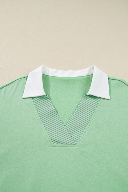 Moonlight Jade Color Block Striped Patchwork Collar V Neck Plus Size Sweatshirt