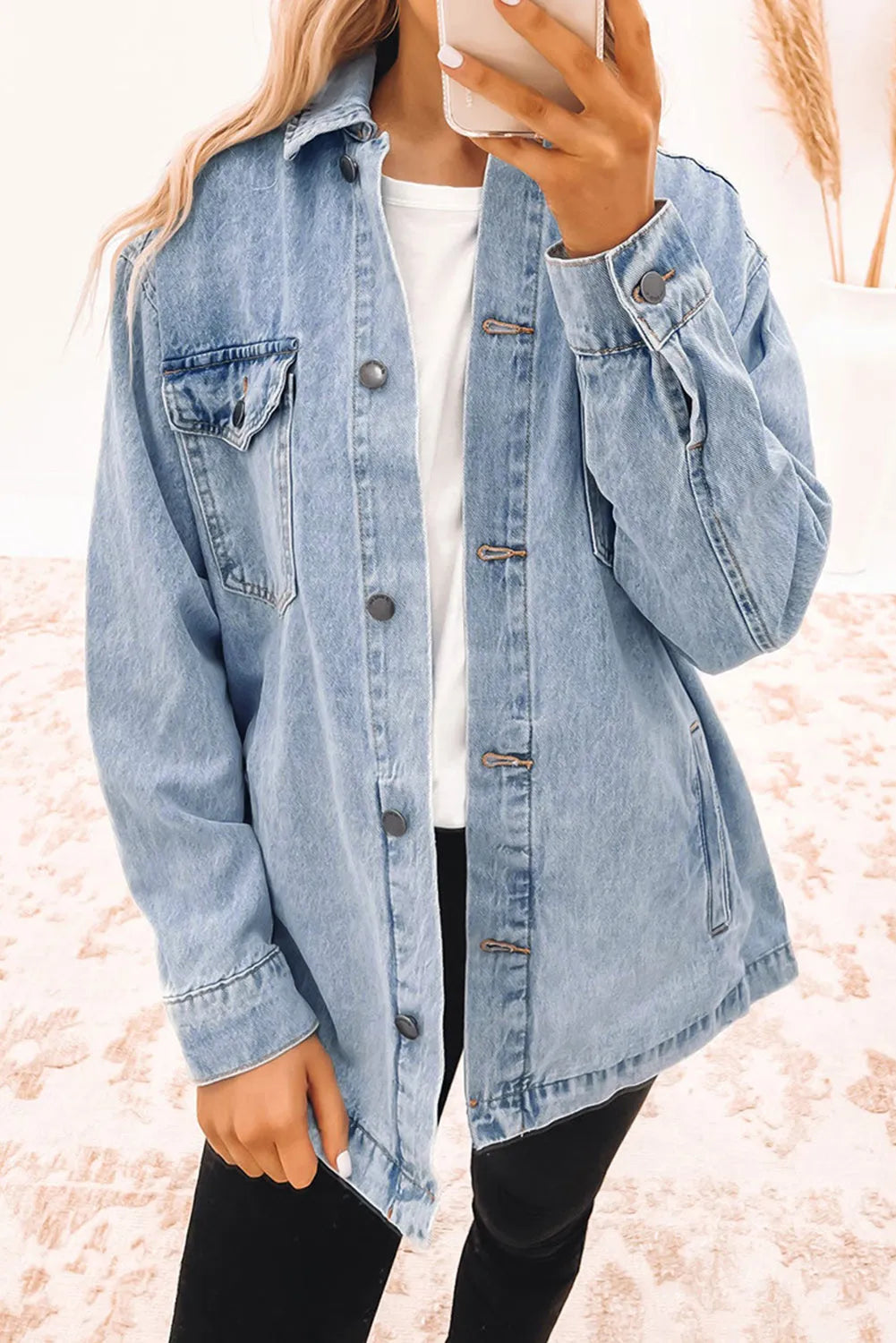 Sky Blue Acid Wash Flap Pocket Boyfriend Shacket - Chic Meadow Boutique 