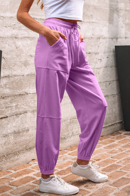 Lilac Drawstring Waist Patchwork Solid Color Jogger Pants