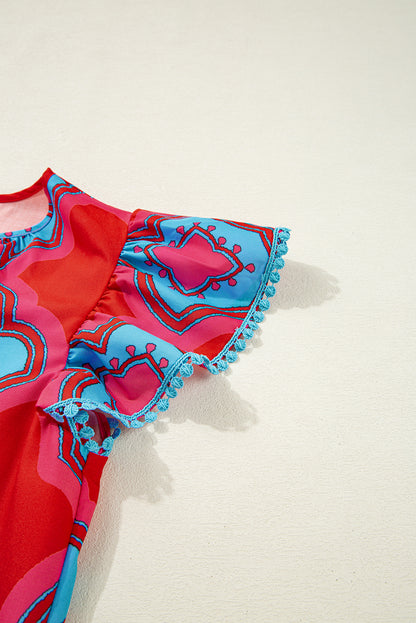 Red Abstract Floral Print Trimmed Flutter Sleeve Blouse