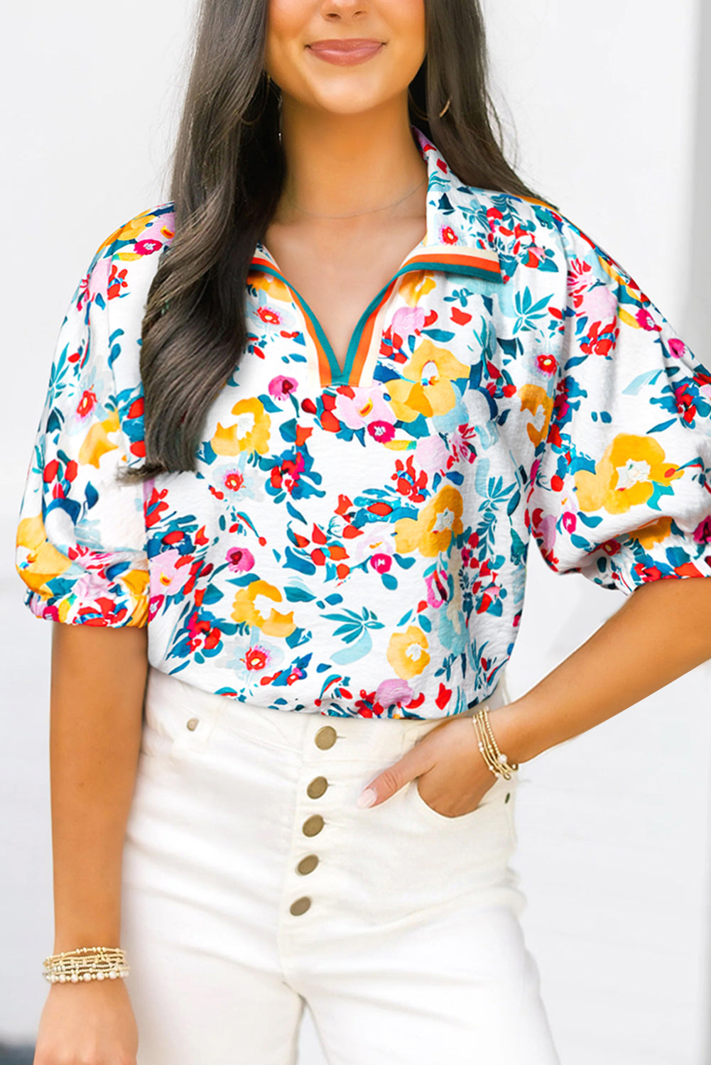 Peacock Blue Floral Print Slit V Neck Short Sleeve Blouse