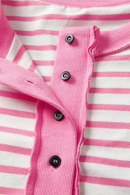 Pink Stripe Half Placket High Low Short Sleeve Top