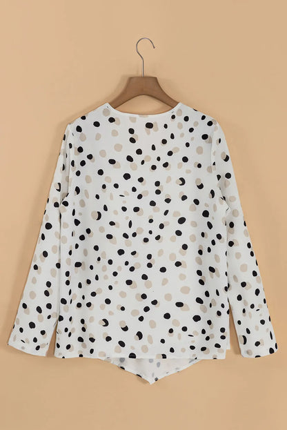 White Polka Dot Print Button Front V Neck Blouse - Chic Meadow Boutique 