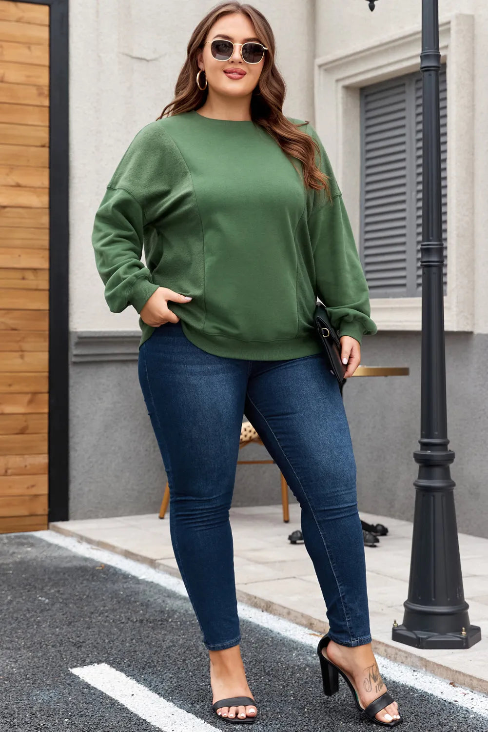 Blackish Green Loose Patchwork Crewneck Plus Size Sweatshirt - Chic Meadow Boutique 