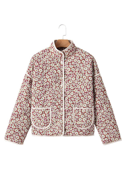 Outerwear/Coats Pink Floral Print Contrast Edge Stand Neck Coat