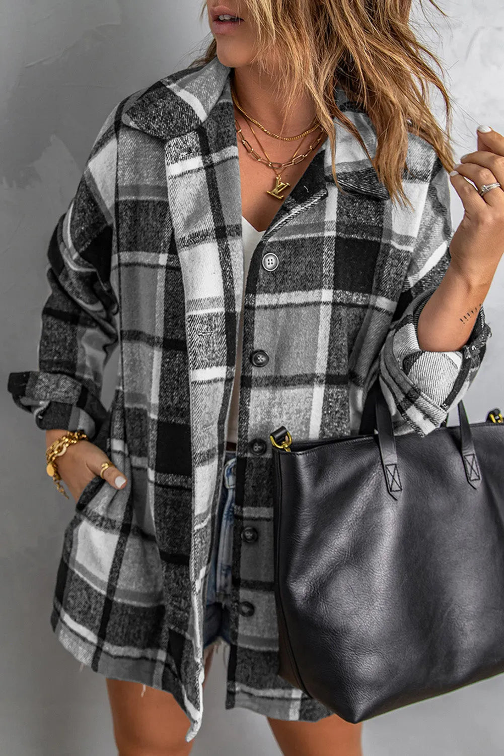 Gray Plaid Print Buttoned Shirt Jacket - Chic Meadow Boutique 