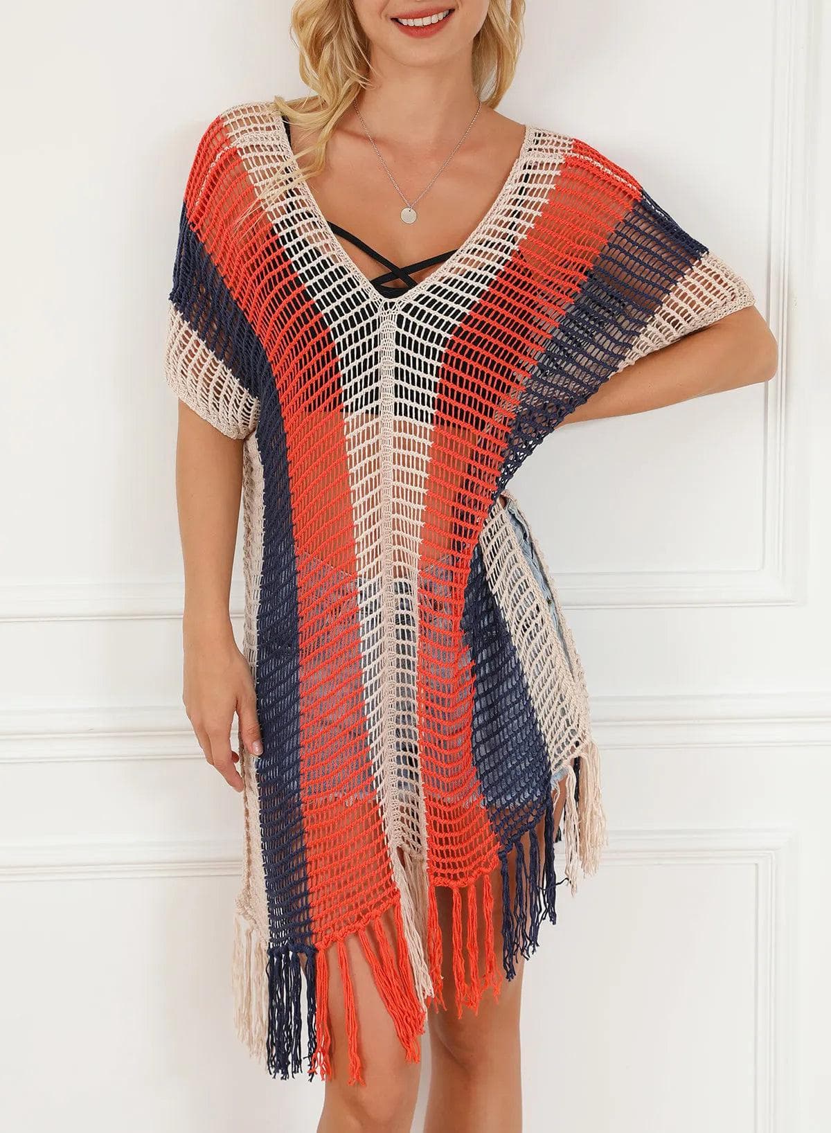 Swimwear/Beach Cover-ups Multicolor Striped Tassel Crochet V Neck Beach Cover Up