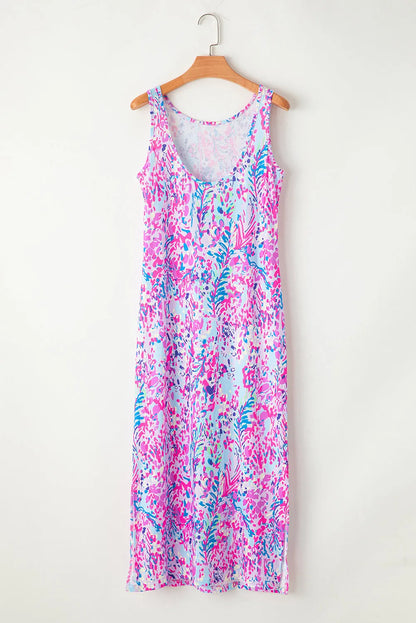 Purple Abstract Floral Print Sleeveless Maxi Dress - Chic Meadow Boutique 